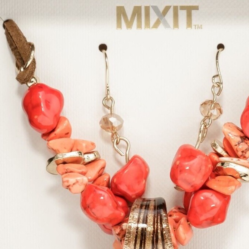 NEW in Box MIXIT Coral Orange Statement Necklace & Earrings Set | Leather Cord - Picture 2 of 6